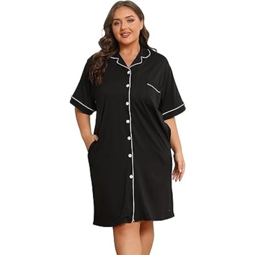 Vozanet Women Button Down Nightgown Plus Size Nursing Nightshirt Boyfriend Nighty Bridal Sleepdress with Pockets XL-5XL