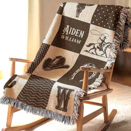 Western Baby Blanket with Name Cowboy Patchwork Woven Quilt Ranch Blanket Boy Western Nursery Crib Blanket Monogram Fringe Throw Longhorne