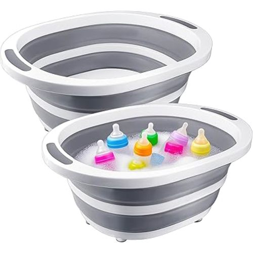 2 Pack Collapsible Wash Basin for Baby Bottles, 2 Gal Portable Sink Basin Cutting Board for RV Home Kitchen, Foldable Dish Pan Ice Beverage Tubs Cleaning Supplies for Outdoor Camping Veggies Washing