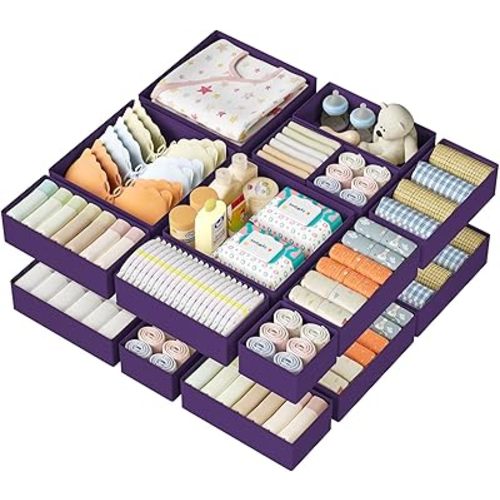 DIMJ Drawer Organizer Clothes 15 Pack - Foldable Baby Organizers and Storage & Dresser Organizer for Bedroom, Closet - Nursery Organization Dresser Dividers for underwear, Sock,Bra, Belt, Tie, Purple