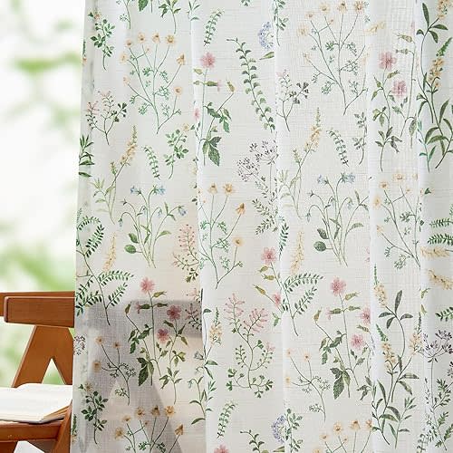 Lazzzy Green Floral Linen Farmhouse Curtains 96 Inches Long Back Tab Drapes for Living Room Bedroom Light Filtering Country Vintage Rod Pocket Curtains,2 Panels, Green on White