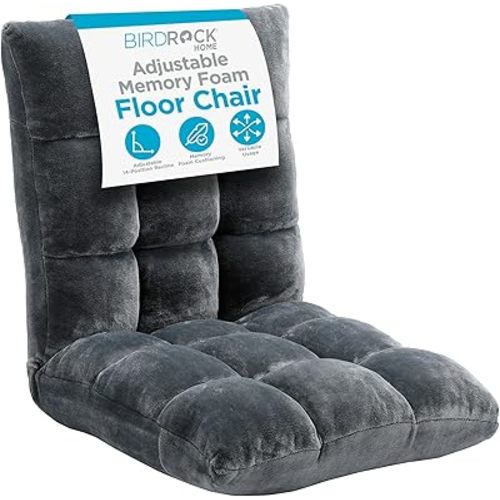 BIRDROCK HOME Adjustable 14-Position Memory Foam Floor Chair for Kids | 22.5" H x 19" W. 5.5" Thick Cushion | Zinc | Comfy Back Support | Reading Game Meditating | Foldable Banana Rocker Chairs