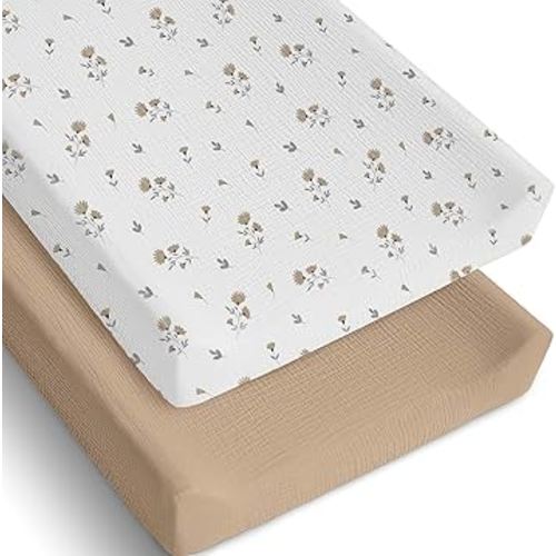 Mi Flor 2 Pack Muslin Changing Pad Cover 16x32x5 inches – Ultra Soft CPC Certified Baby Changing Table Cover with Elastic Corners, 360° Fit, Lightweight, Breathable, Fits Most Changing Pads