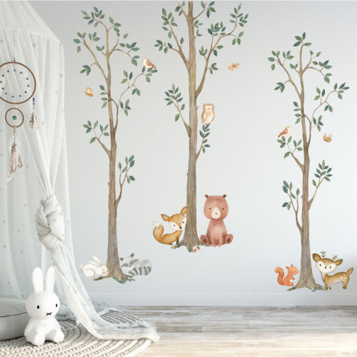 Redwood Rover Woodland Watercolor Wall Tree Decals Fabric Animal Birch Creatures - Bear, Fox, Raccoon, Rabbit, Squirrel, Owl Nursery Décor Stickers #3115 & Reviews | Wayfair