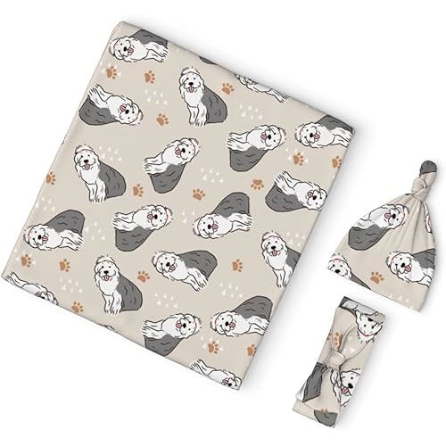 Old English Sheepdog Pattern Newborn Swaddle Blanket Set with Headband and Beanie Hat Baby Receiving Nursery Blankets with Bow Sets for Baby Shower Photograph