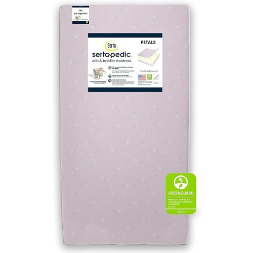 Serta Sertapedic Petals Dual Sided Premium Recycled Fiber Core Crib and Toddler Mattress - Waterproof - GREENGUARD Gold Certified - Trusted 7 Year Warranty - Made in USA, Pink
