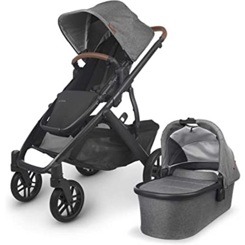 UPPAbaby Vista V2 Stroller / Convertible Single-To-Double System / Bassinet, Toddler Seat, Bug Shield, Rain Shield, and Storage Bag Included / Greyson (Charcoal Mélange/Carbon Frame/Saddle Leather)
