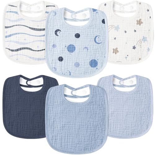 Susurration Muslin Baby Drool Bibs 6Pack Soft Square Adjustable Baby Bandana Bibs for Unisex Girls & Boys