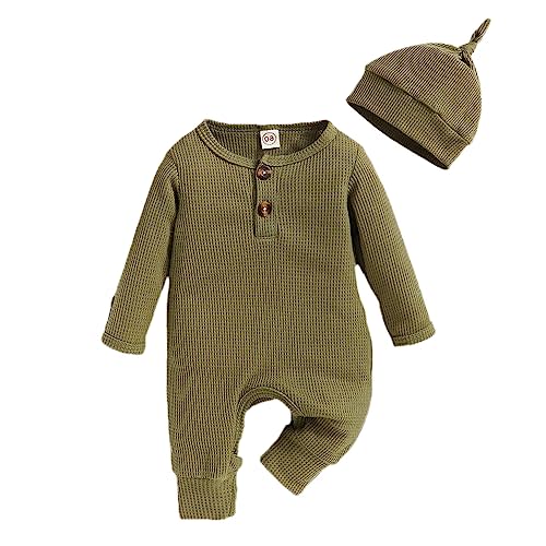 Infant Boys Girls Clothes Set Newborn Baby Romper Hat Ribbed Knit Long Sleeve Button Solid Bodysuit Jumpsuit