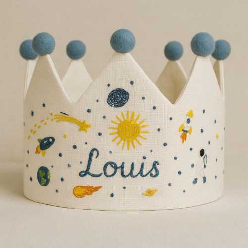 Personalized Astronaut Hand Embroidered Linen Crown for Birthdays, Birthday Party Crown, Custom Name Gifts for Birthday, Handmade Baby Crown