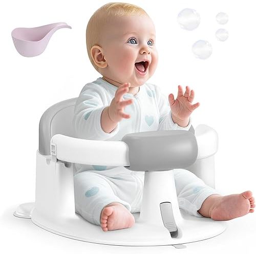 Baby Bath Seat Baby Bathtub - with Strong Suction Cups and 360° Surround Support – Easy Release, Non-Slip Cushion, Lockable Armrests – Infant Bath Chair for Babies 6-24 Months, Grey