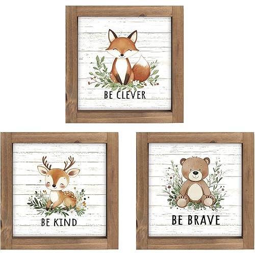 3 Piece Woodland Nursery Wall Decor, Wooden Forest Animal Bear Fox Deer Sign Nursery Art, Nature Jungle Safari Theme Baby Shower Decorations for Home Table Top Shelf Desk Classroom Bathroom