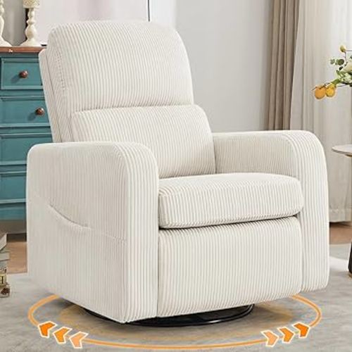 Swivel Rocker Recliner, Oversized Manual Nursery Glider Rocking Recliner Chair with Removable Cushion, Upholstered Swivel Reclining Chair for Nursery Living Room Bedroom, Corduroy White