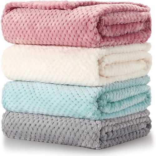 Reginary 4 Pack Baby Fuzzy Blanket 30" x 40" Waffle Flannel Throw Blankets Warm Cozy Nursery Bed Blankets for Girl Boy Newborn Infant Receiving Crib Stroller Blanket(Light Blue, Pink, Beige, Gray)