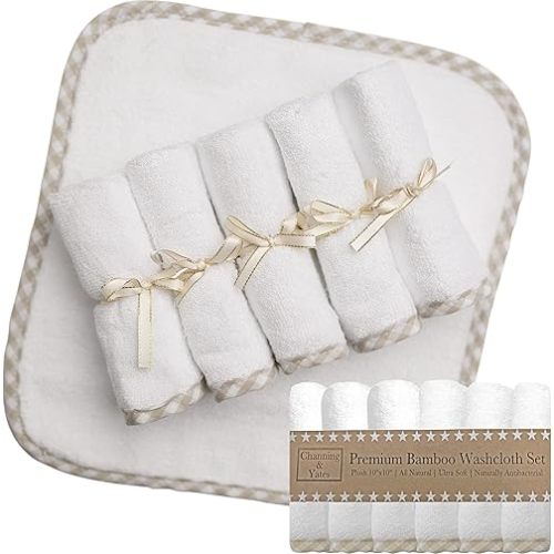 Channing & Yates Organic Baby Washcloth Set Premium Boutique- (6 Pack Wash Cloth) - Softest Face Towels or Washcloths for Eczema - Child or Adult Essentials for Bath (Beige/White)