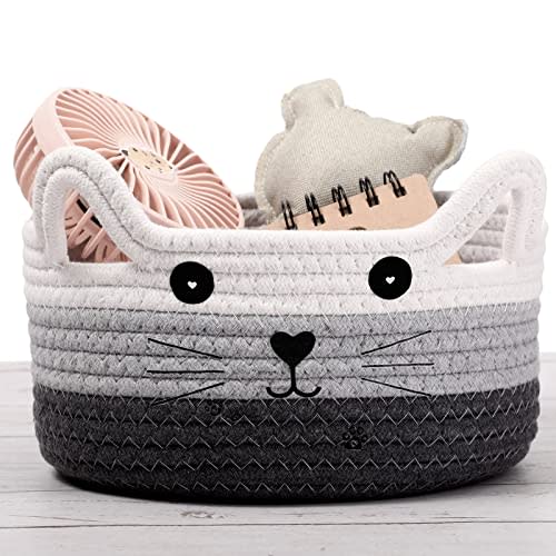Zopeal Cat Basket Storage Woven Organizer with Ears Decorative Pet Toy Cute Cotton Rope Basket for Gift Cat Dog Toy Bin Nursery Room(8.3 x 4.7 Inch,White, Light Gray and Gray)