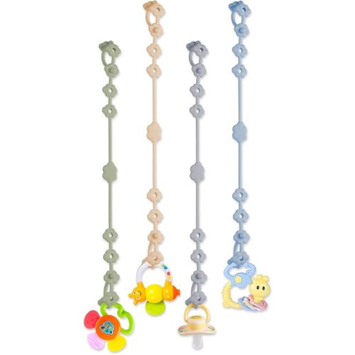 Toy Straps for Baby, 4 Pack Adjustable Silicone Toy Safety Straps for Stroller, High Chair, Car Seat, Teething Toy, Cribs, Food Grade Silicone, BPA Free, Multi Colors (Blue+Green+Gray+Beige)