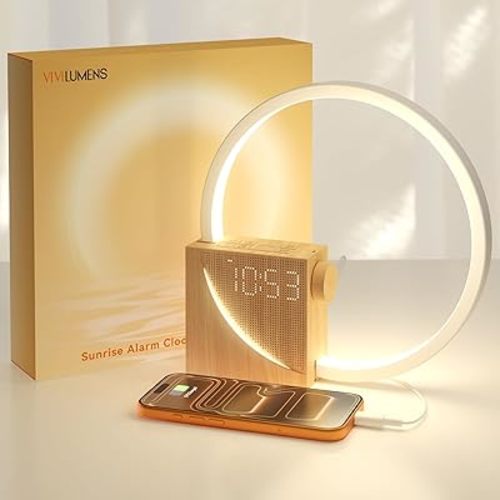 Vivilumens Sunrise Alarm Clock Sound Machine Nightlight, Gradual Wake Up Light, Digital Dimmable Clock, 10 White Noise Sleep Sounds, Snooze, Dual Clocks for Heavy Sleeper Adult, Decor Gifts for Women