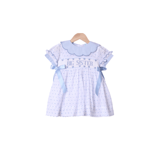Smocked Big Sister Blue and White Swiss Dot Bow Dress