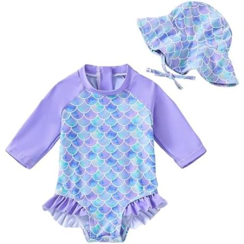 WOLBAY Baby Girl Swimsuit Long Sleeve One Piece Rash Guard with Sun Hat Zipper Bathing Suit Size 0-2T
