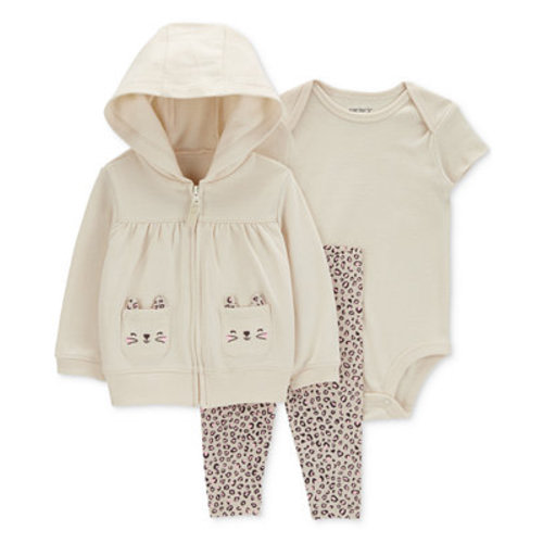Baby Girl 3-Pc. Hooded Zipper Top, Short-Sleeve Bodysuit & Leopard Print Pants