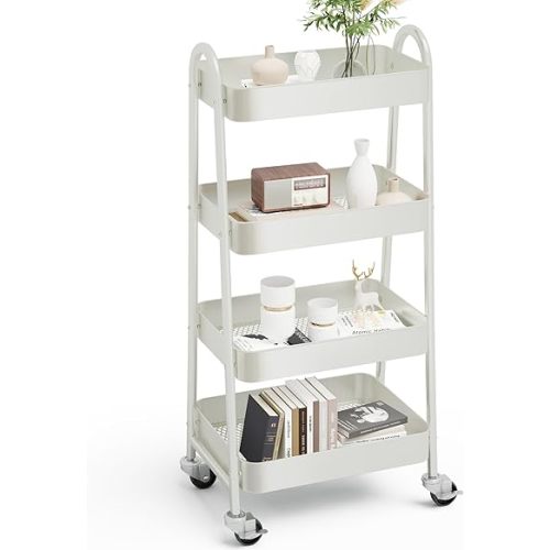OLIXIS 4 Tier Utility Rolling Cart, Metal Mobile Storage Shelf with Lockable Caster Wheels, Organization for Livingroom, Bathroom & Narrow Places, 4-Tier White