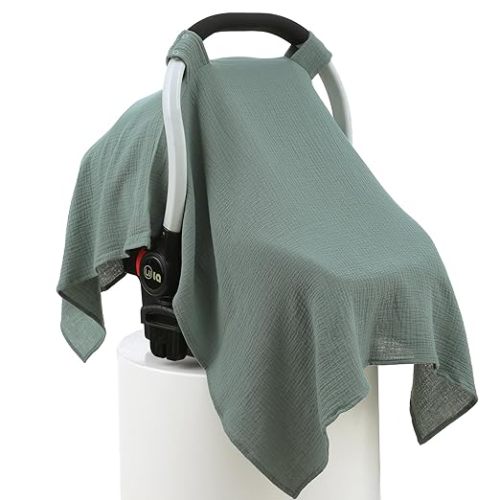 100% Muslin Cotton Car Seat Cover Baby, Carseat Canopy Cover, Universal Fit Stroller Covers for Boys and Girls (Roman Green)