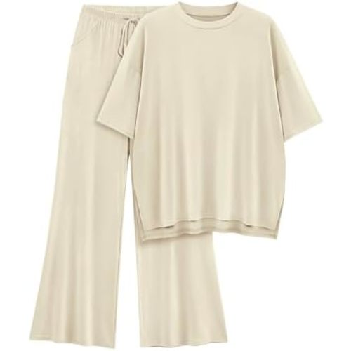 Womens Lounge Set 2 Piece Outfits Casual Loose Fit Short Sleeve Tops and Wide Leg Pants Tracksuits