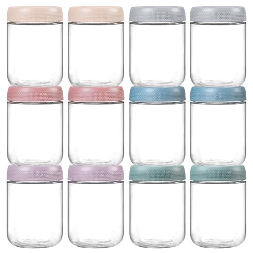 NETANY 12-pack 16oz Glass jars with Airtight Lids, Overnight Oats Containers with Lids, Wide mouth Mason Salad jars, Glass Food Storage Containers for Snacks Yogurt Spice Sugar