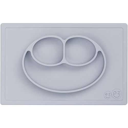 ezpz Happy Mat - 24 Months+ (Pewter) - 100% Silicone Suction Plate with Built-in Placemat for Toddlers + Preschoolers - Divided Toddler Plates - Toddler Essentials