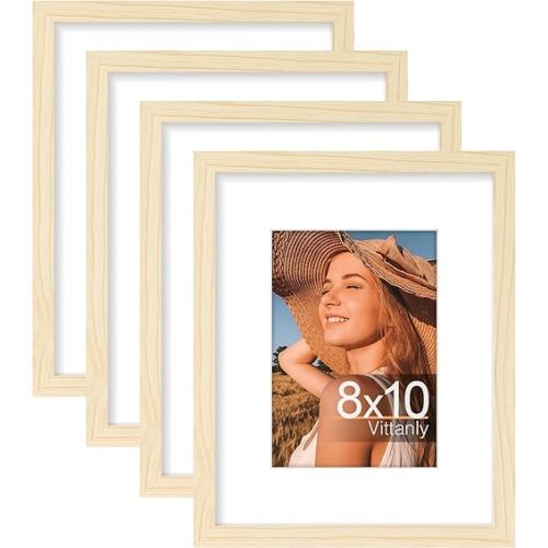 Vittanly 8x10 Picture Frame Set of 4, Display Pictures 5x7 with Mat or 8x10 without Mat, Engineered Wood with Shatter Resistant Plexiglass, Photo Frames for Wall or Tabletop Display, Light Natural