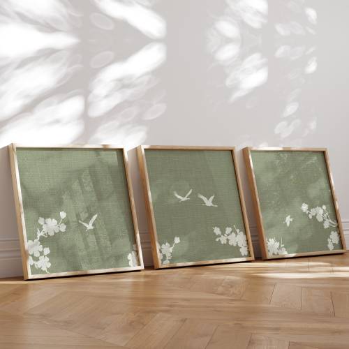 Japanese Crane Birds Herons Blossom Sun Tree Square Triptych Wall Art, Set of 3 Green Japandi Prints, Modern Japanese 3 Piece Art Posters