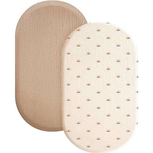 Konssy 2 Pack Soft Breathable Muslin Fitted Bassinet Sheets for Baby Girl Boy, Fit Oval Rectangle Cradle, Moses Basket Pad/Mattress (Camel, Sun)