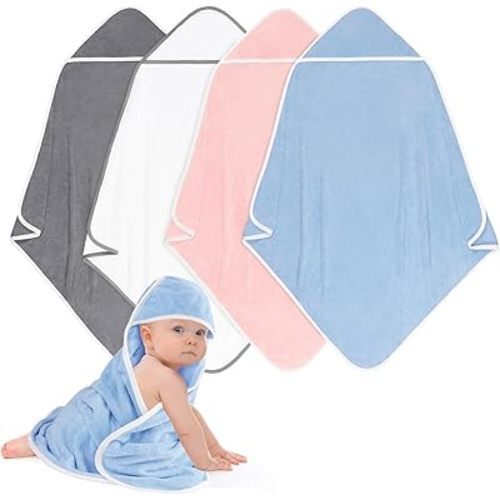 Hooded Towel for Newborns, 4 Pack Soft Coral Fleece Baby Towels, Ultra Absorbent Bath Cloths Bulk for Infants, Toddlers, Newborn Essential- 30 x 30 inch - Multicolor