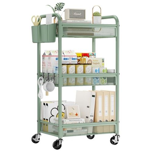 YASONIC 3 Tier Rolling Cart – Metal Utility Storage Carts with Wheels, Craft Carts Organizer with Hanging Cups, Hooks, Mesh Basket for Bedside Kitchen Office Art, Green