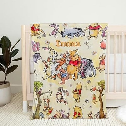Personalized Pooh Bear Blanket, Custom Baby Blanket with Name, Soft and Warm Custom Name Throw, Birthday Gift for Kids, Baby Nursery Theme #10