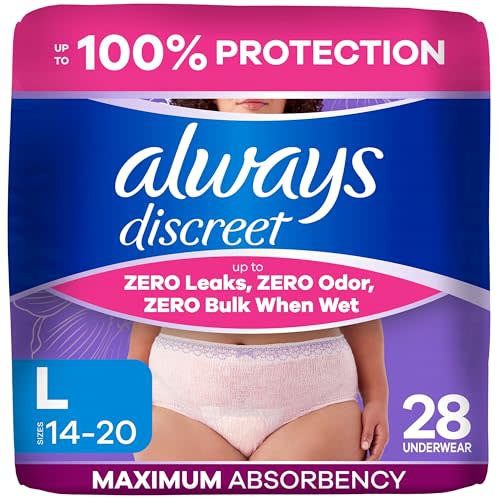 Always Discreet Adult Diapers for Women, Incontinence Underwear, Postpartum Essentials, Disposable Briefs, Max Absorbency, Bladder Leak Protection, Large, 28ct