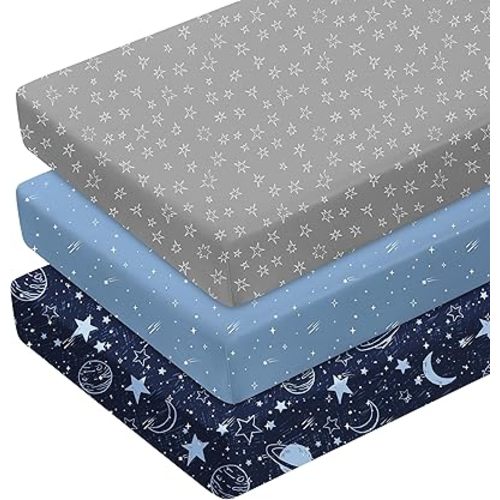 Pack and Play Sheets Fitted 3 Pack, Mini Crib Sheets for Pack N Play Mattress Stretchy Portable Playard Sheets, Soft Breathable Blue Gray Planet