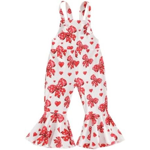 SAYOO Toddler Baby Girl Christmas Jumpsuit Bow/Santa Claus Print One Piece Flare Pant Romper Suspender Bell-Bottom Overalls