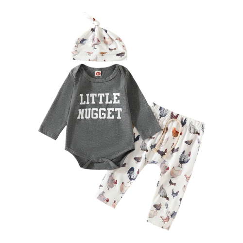 REgarm Baby Boy Farm Letter Bodysuit Romper and Long Pants Coming Home Outfit Cute Baby Boy Clothes Sets with Hat 0-3 Months,Dark Gray