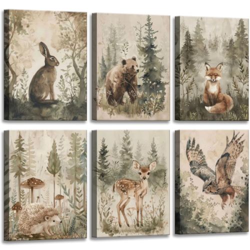 Amazon.com: 6 Pcs Woodland Nursery Canvas Wall Art Neutral Vintage Cottagecore Forest Safari Animals Natural Landscape Watercolor Painting Picture Wall Decor Poster Print Artwork for Baby Kids Room Decoration: Posters & Prints