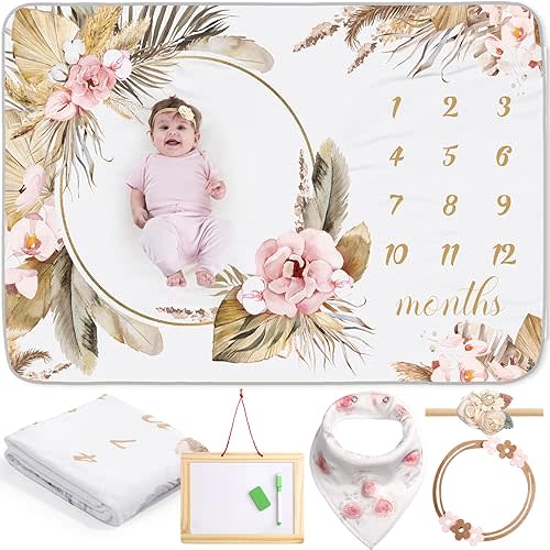 Chumia 6 Pcs Monthly Baby Milestone Blanket for Girl Boy Set Newborn Growth Chart Blanket with Bandana Frame Headband(Beigh,Boho Pattern)