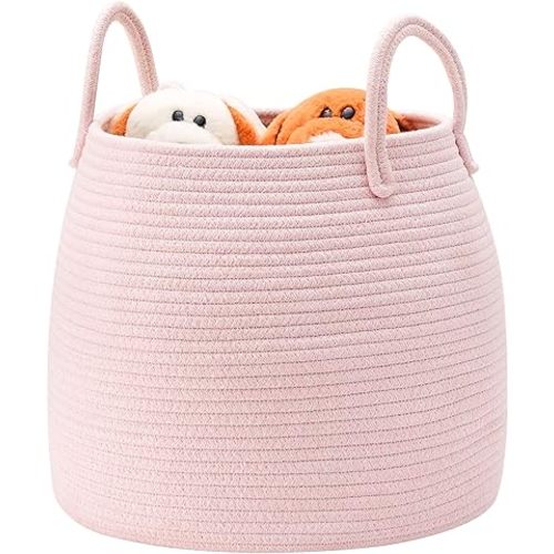 Pink Baby Laundry Basket for Nursery Girls Kids Small Cotton Rope Storage Basket for Dog Toy