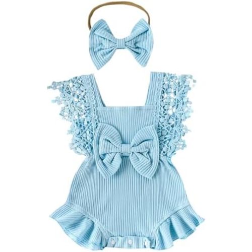 Newborn Baby Girl Lace Romper Ruffle Sleeveless Backless One Piece Jumpsuit Bodysuit with Headband Summer Clothes