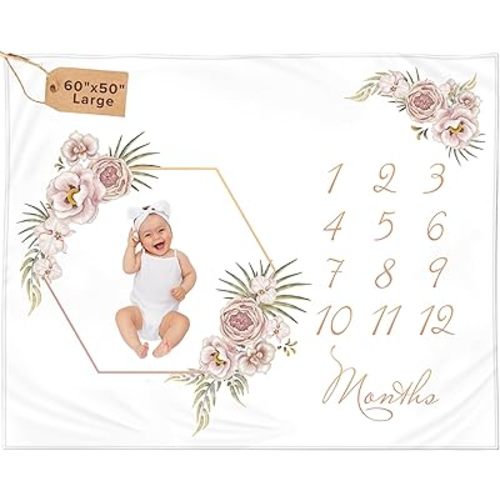 Monthly Baby Milestone Blanket 60"x50" - Elegant Boho Floral Design with Felt Frame - Track Your Baby's Monthly Growth - Perfect Gender Neutral Gift for New Parents - Personalized Baby Blanket