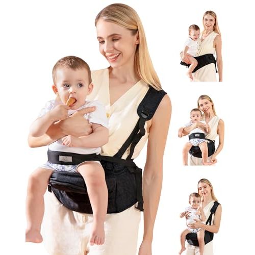 Baby Carrier, MOMTORY Hip Seat Carrier with Adjustable Strap & Various Pockets, Ergonomic Baby Hip Seat Carrier for Infants & Toddlers up to 50lbs (Black)