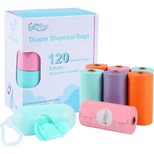 Diaper Bags Disposable for Baby, 8 Refill Rolls/120 Bags Dirty Disposable Diaper Bags with Dispenser, Convenient and Quick Diaper Disposal, Poop Bags,Rainbow