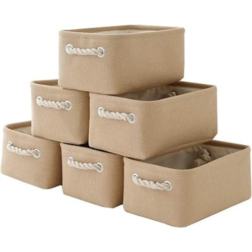 TheWarmHome Storage Basket for Organizing - Small 6 Pack 11.8x7.8x5.2 inch Fabric Storage Cubes with Cotton Rope Handle, Collapsible Storage Bins Baby Storage Toy Nursery (Beige)