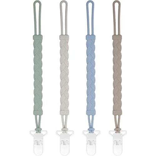 Stylish Silicone Pacifier Clips, 4-Pack Pacifier Holder with Flexible Woven Rope Design, 100% Food Grade Silicone, Easter Safe Essentials for Newborns Baby Boys and Girls