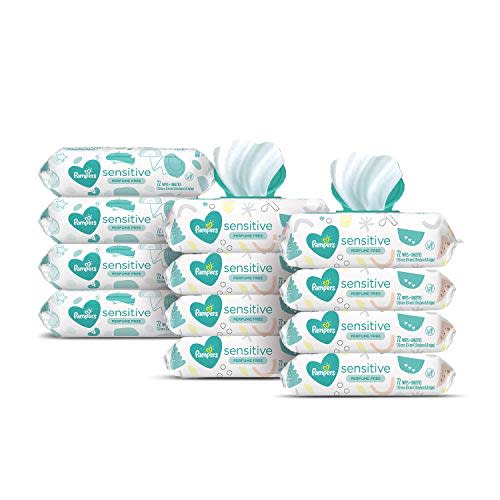 Baby Wipes, Pampers Sensitive Water Based Baby Diaper Wipes, Hypoallergenic and Unscented, 8 Pop-Top Packs with 4 Refill Packs for Dispenser Tub, 864 Total Wipes (Packaging May Vary)